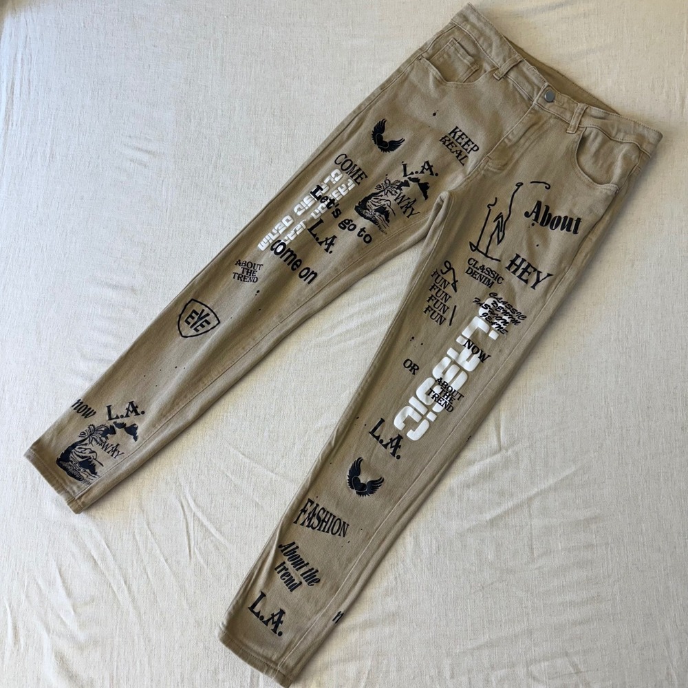 Manfinity Mens Graffiti Print Khaki Pants Tan L.A. Graphic Streetwear Sz Medium